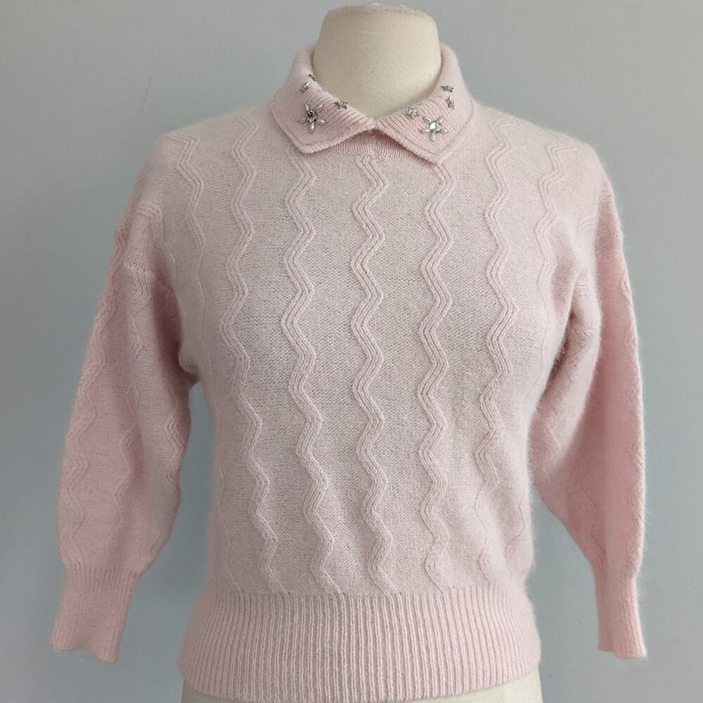 Women's Vintage Pink Jeweled Collar Sweater Lambswool Blend Large
